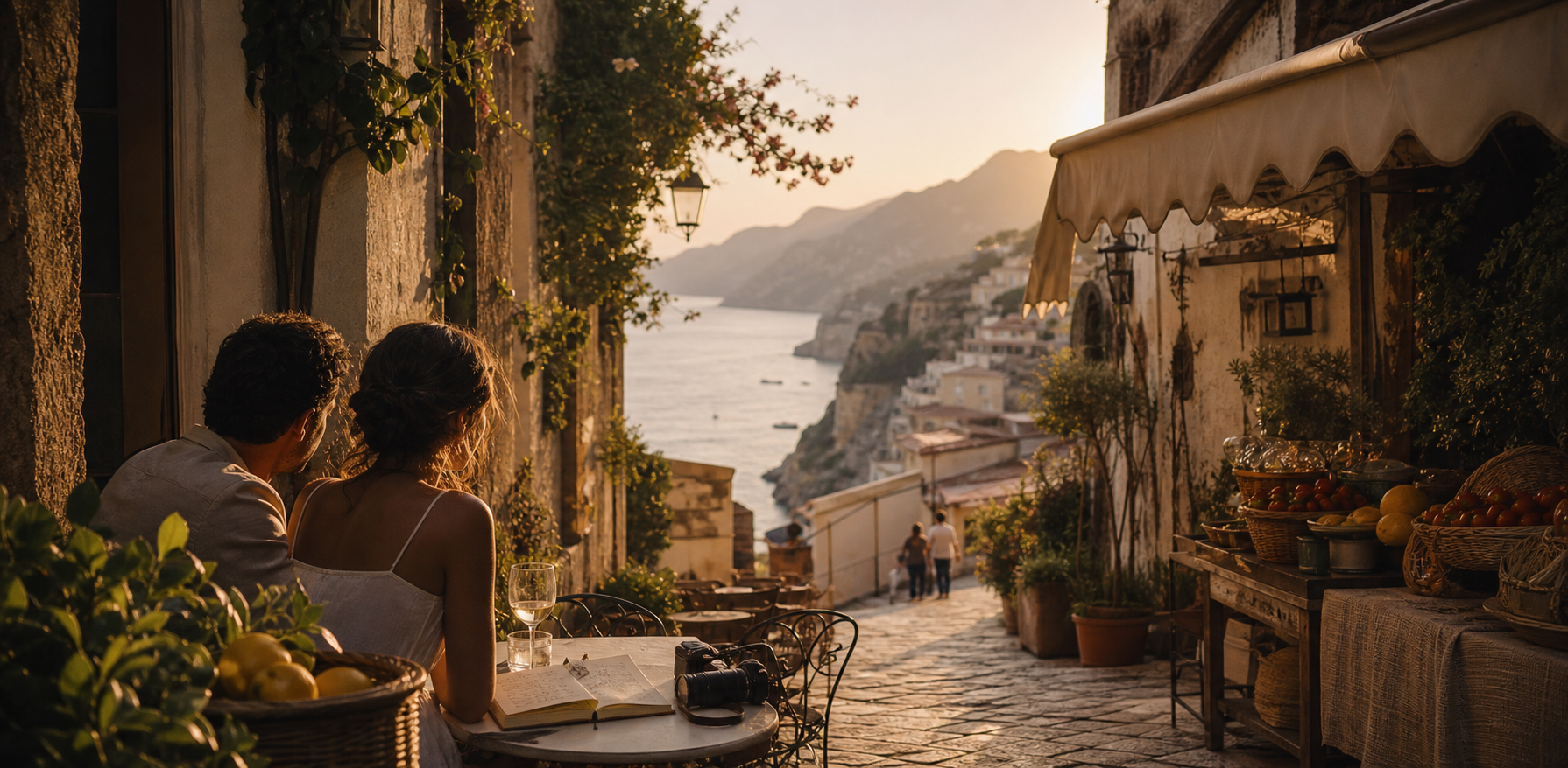 A couple at a cafe table overlooking a golden coastal town