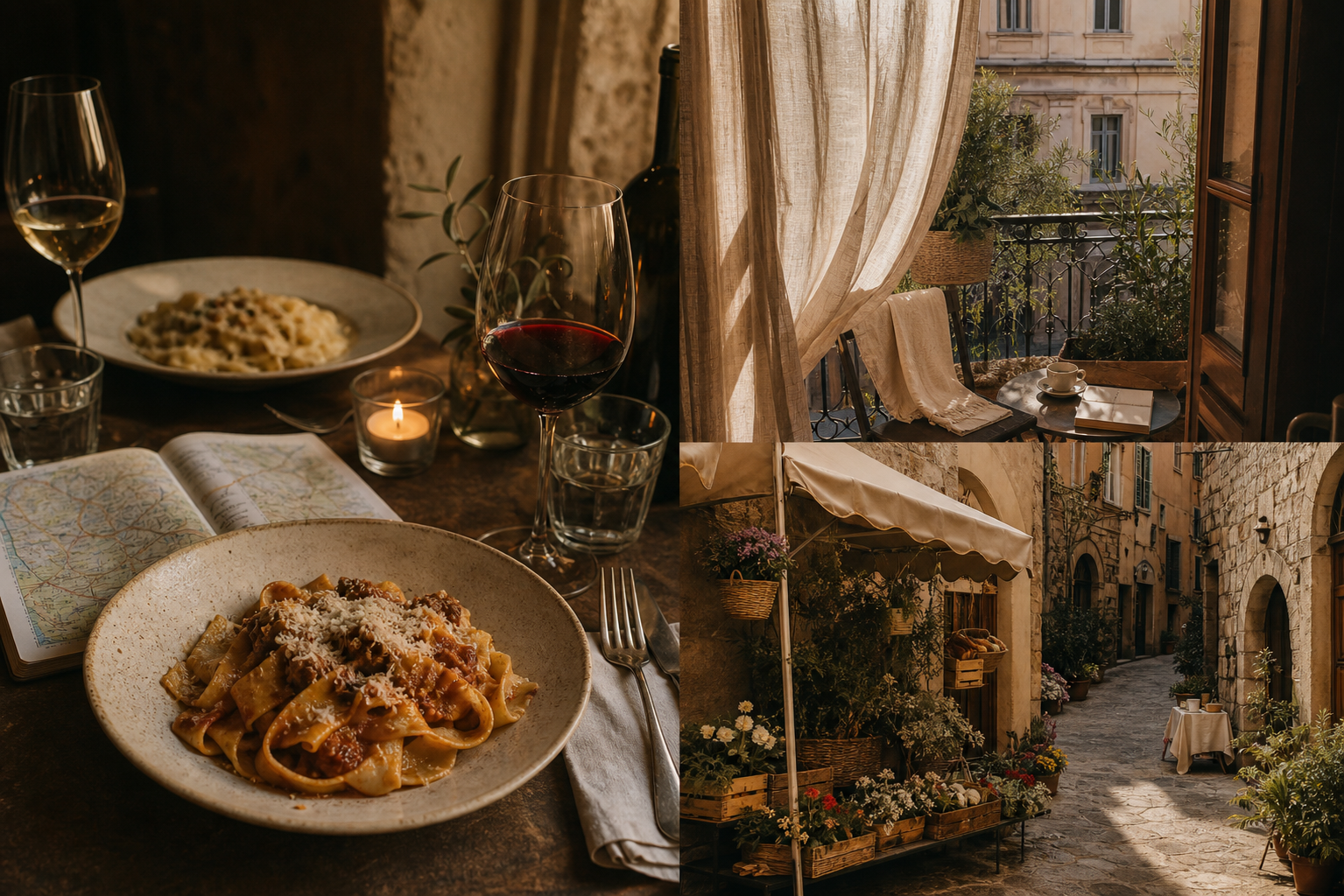 A collage of pasta, wine, a balcony, and an old-world lane